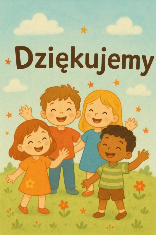 obrazek rysunkowy. czworo dzieci z napisem DZIĘKUJĘ